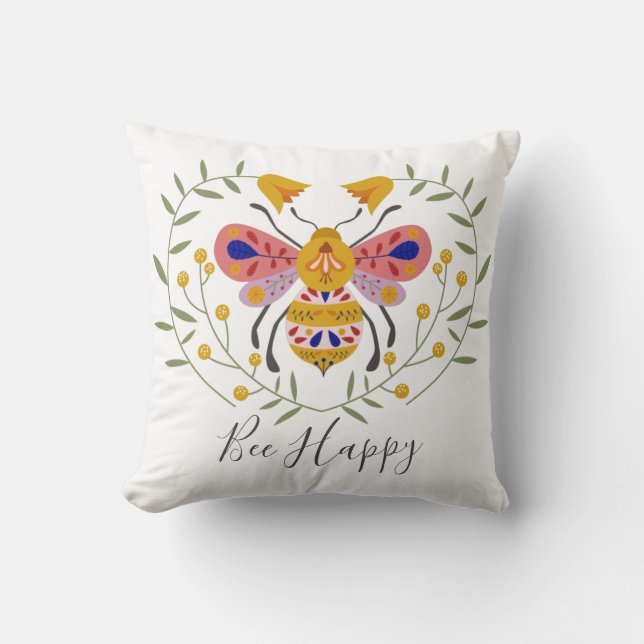 Folk Art Bumble Bee Throw Pillow (Front)