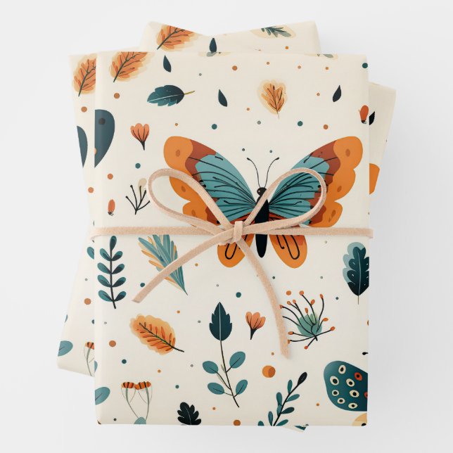 Folk Art Butterflies with Teal and Terracotta Wrapping Paper Sheet (In situ)