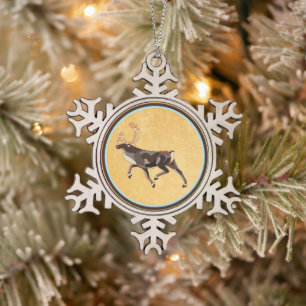 Folk Art Caribou/Reindeer Snowflake Pewter Christmas Ornament