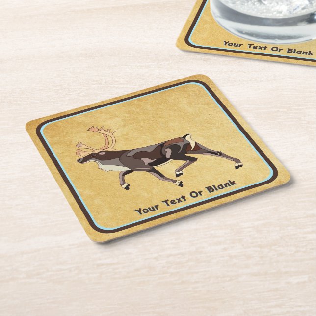 Folk Art Caribou/Reindeer Square Paper Coaster (Angled)