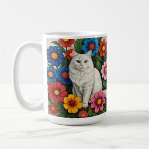 Folk Art Cat and Flowers Coffee Mug
