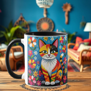 Folk Art Cat, Flowers & Butterfly Personalized Mug