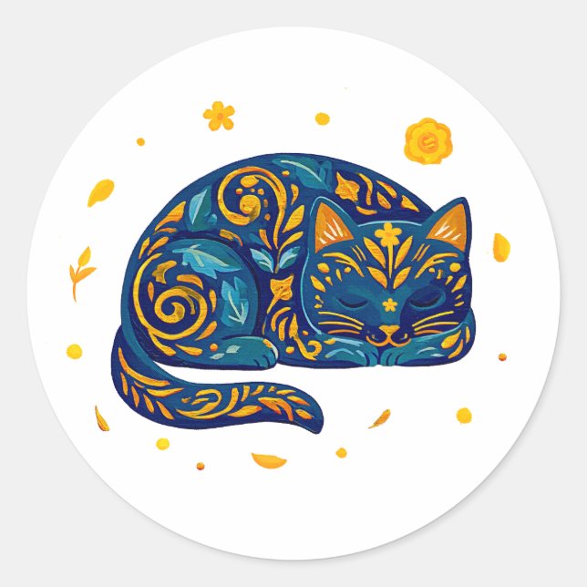 Folk Art Cat in Blue Classic Round Sticker (Front)