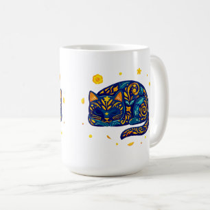 Folk Art Cat in Blue Coffee Mug