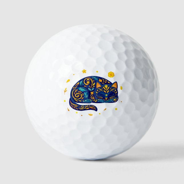 Folk Art Cat in Blue Golf Balls (Front)