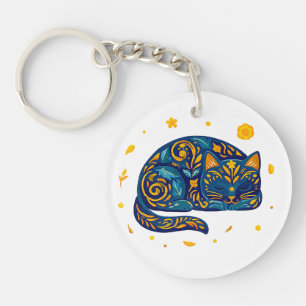 Folk Art Cat in Blue Key Ring