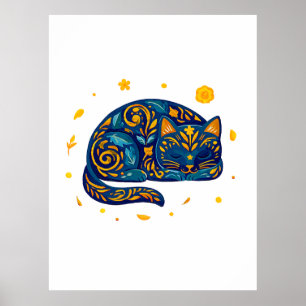 Folk Art Cat in Blue Poster
