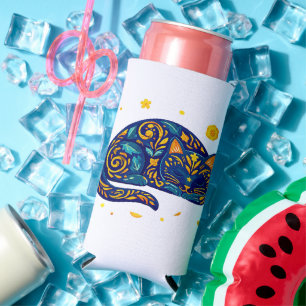 Folk Art Cat in Blue Seltzer Can Cooler