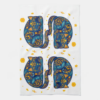 Folk Art Cat in Blue Tea Towel
