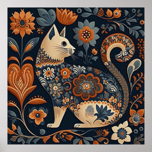 Folk Art Cat with Orange and Blue Flowers Poster