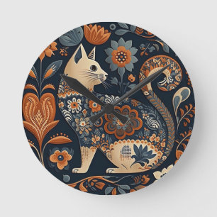 Folk Art Cat with Orange and Blue Grey Flowers Round Clock