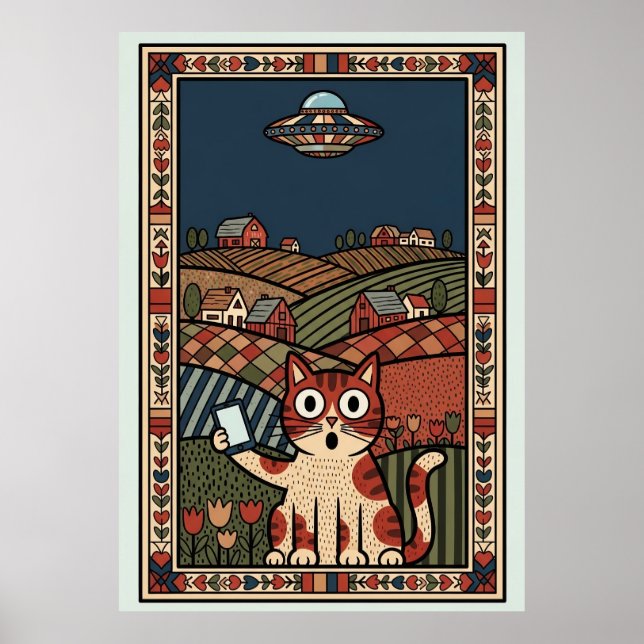 Folk Art Cat with UFO in Countryside Whimsical Poster (Front)