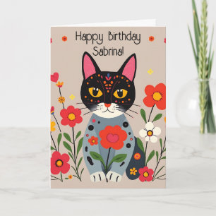 Folk Art Cats and Flowers Personalised Birthday Card
