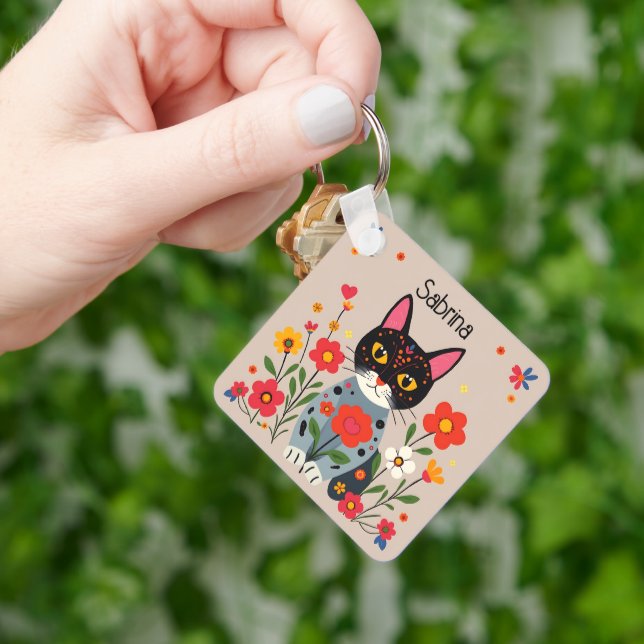 Folk Art Cats and Flowers Personalised Key Ring (Hand)