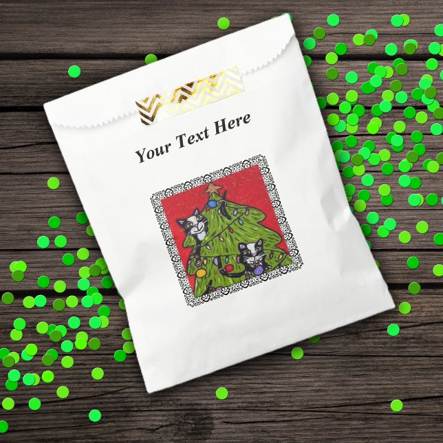 Folk Art Cats Christmas Tree Favour Bag (Naughty cats climbing in Christmas tree on red with black border on white favor or treat bags.)