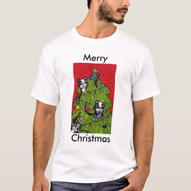 Folk Art Cats Christmas Tree T-Shirt (Front)