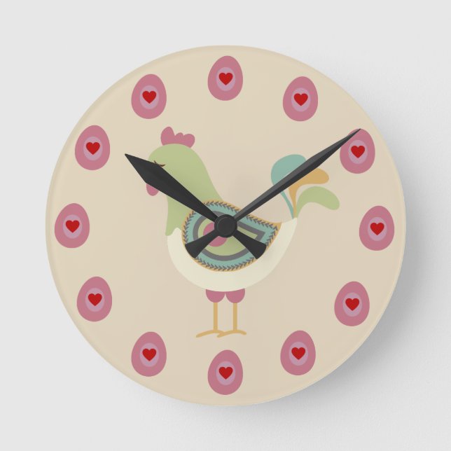 Folk Art Chicken and Eggs Round Clock (Front)