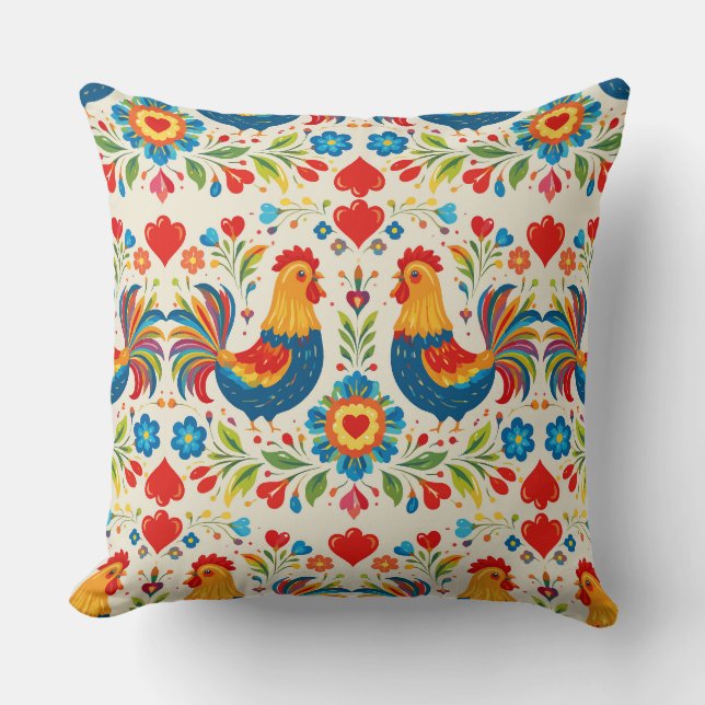 Folk art chicken floral pillow (Front)