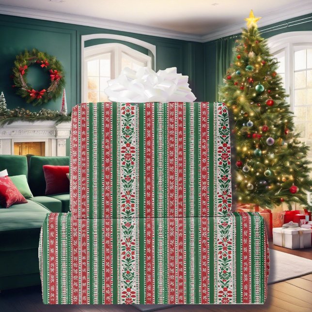 Folk Art Christmas in Red & Green Pattern Gift Wrapping Paper (Creator Uploaded)