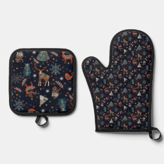 Folk Art Christmas Oven Mitt & Pot Holder Set