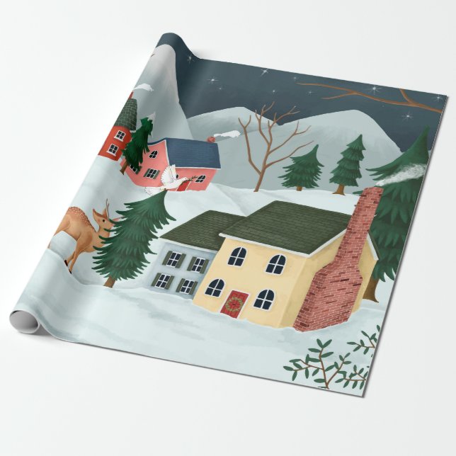 FOLK ART CHRISTMAS SCENE Wrapping Paper (Unrolled)