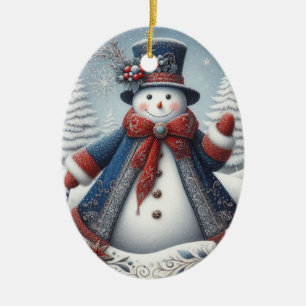 Folk Art Christmas Snowman Ceramic Ornament