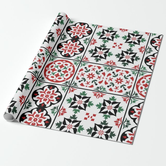Folk Art Christmas Talavera Wrapping Paper (Unrolled)