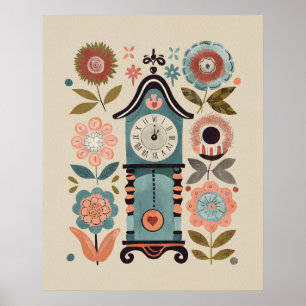 Folk Art Clock with Flowers - Cuckoo in Bloom Poster