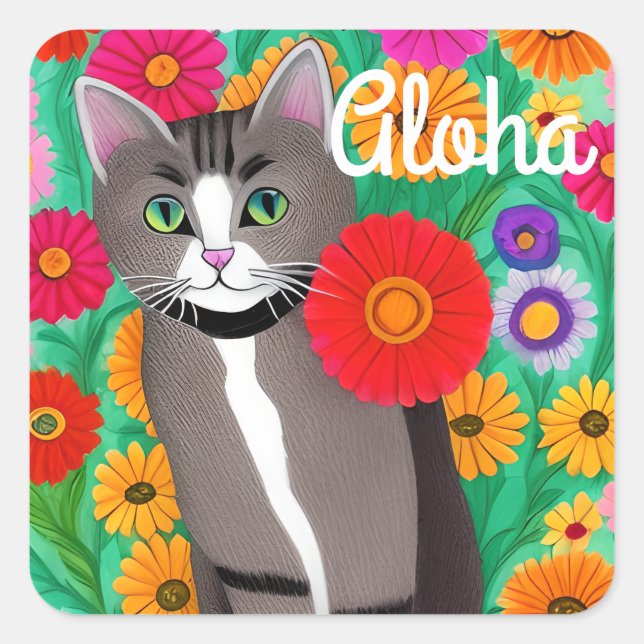 Folk Art Colourful Cat and Flowers Aloha Square Sticker (Front)