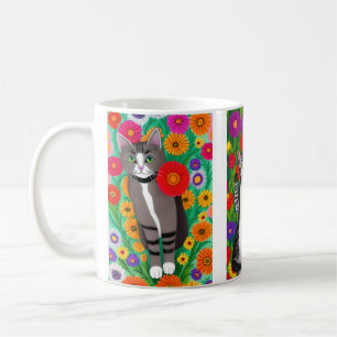 Folk Art Colourful Cats and Flowers   AI art Coffee Mug
