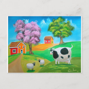 Folk art colourful cow and sheep painting postcard