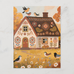 Folk Art Cottage Birds Autumn Postcard