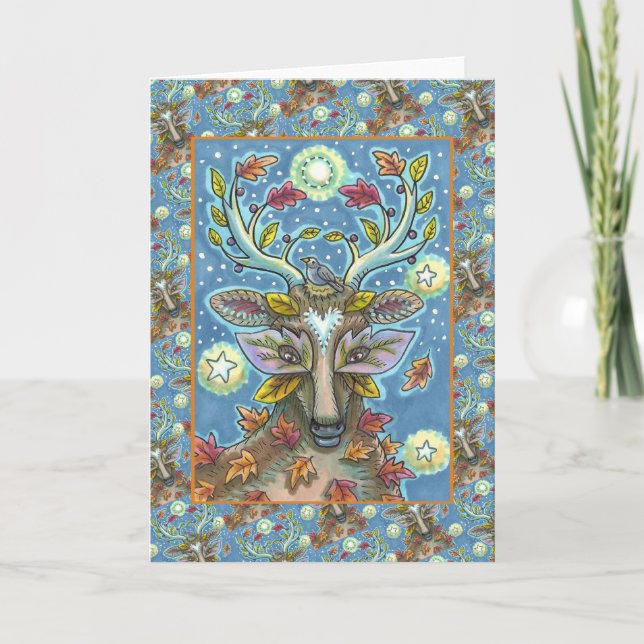 FOLK ART DEER IN AUTUMN FOREST, BIRD NEST Blank Card (Front)