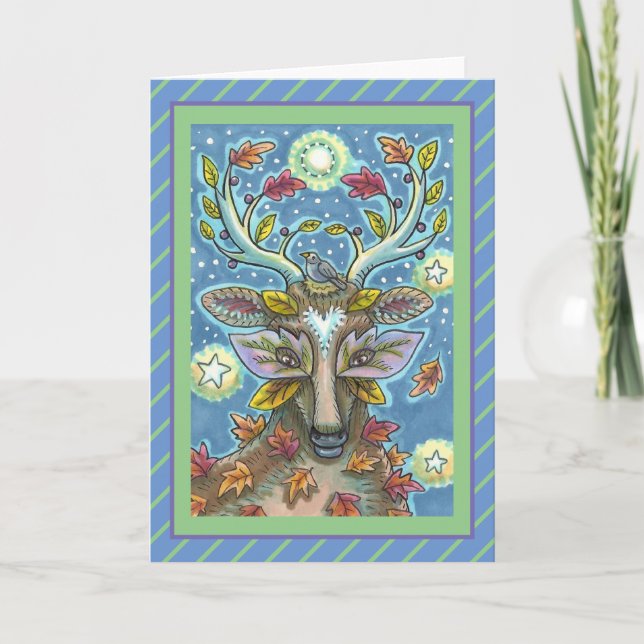 FOLK ART DEER IN AUTUMN FOREST, BIRD NEST Blank Card (Front)