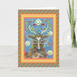 FOLK ART DEER IN AUTUMN FOREST, BIRD NEST & MOON CARD