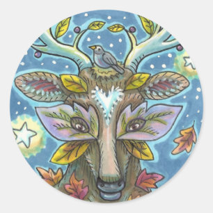 FOLK ART DEER IN AUTUMN FOREST, BIRD NEST & MOON CLASSIC ROUND STICKER