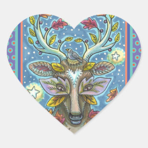 FOLK ART DEER IN AUTUMN FOREST, BIRD NEST & MOON HEART STICKER