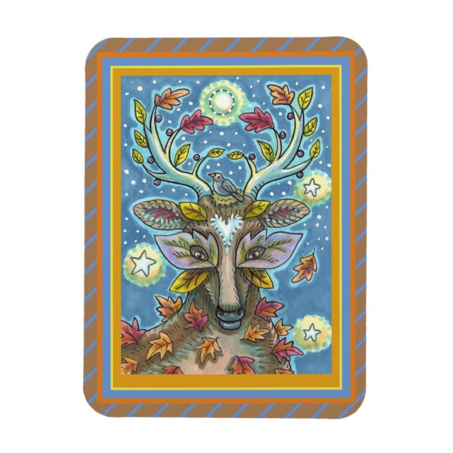 FOLK ART DEER IN AUTUMN FOREST, BIRD NEST & MOON MAGNET (Vertical)