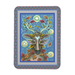 FOLK ART DEER IN AUTUMN FOREST, BIRD NEST & MOON MAGNET