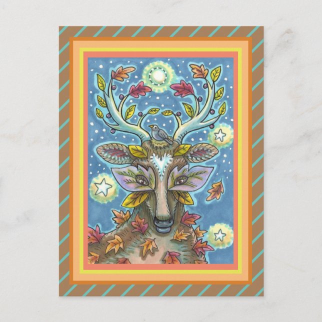 FOLK ART DEER IN AUTUMN FOREST, BIRD NEST & MOON POSTCARD (Front)