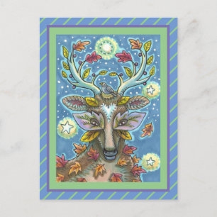 FOLK ART DEER IN AUTUMN FOREST, BIRD NEST & MOON POSTCARD