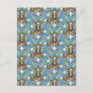 FOLK ART DEER IN AUTUMN FOREST, BIRD NEST & MOON POSTCARD