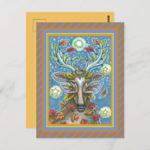 FOLK ART DEER IN AUTUMN FOREST, BIRD NEST & MOON POSTCARD
