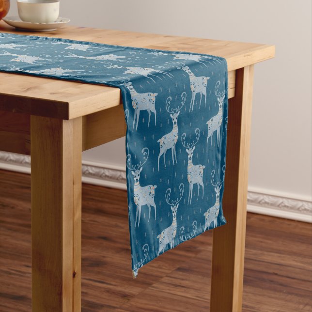 Folk Art Deer on Blue  Holiday  Short Table Runner (In Situ)