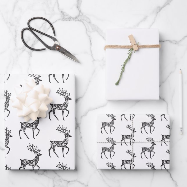 Folk Art Deer Pattern Wrapping Paper Sheet (Front)