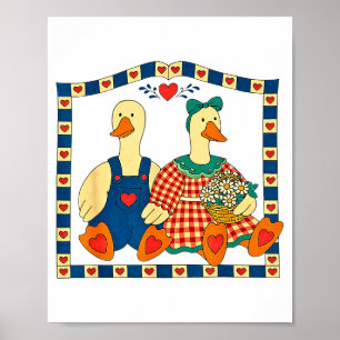 Folk Art Duck Couple With Flowers Country Farmhous Poster