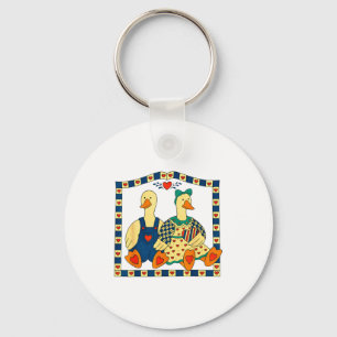 Folk Art Duck Couple With Hearts Country Farmhouse Key Ring