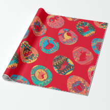 FOLK ART EASTER EGGS WRAPPING PAPER IN RED