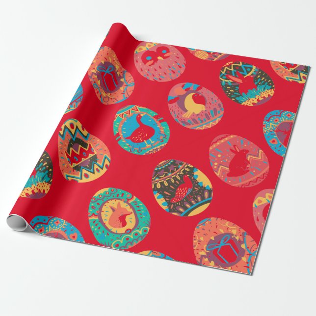 FOLK ART EASTER EGGS WRAPPING PAPER IN RED (Unrolled)