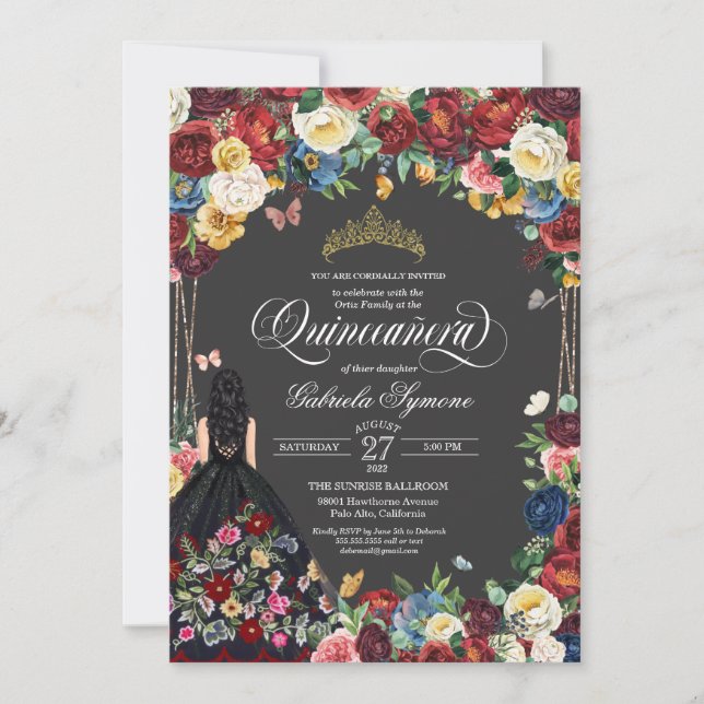  Folk Art Embroidery Butterfly Floral Quinceanera Invitation (Front)